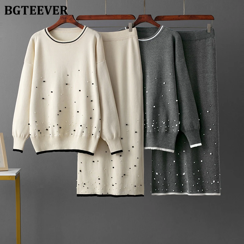 

BGTEEVER стильный вязаный женский комплект с юбкой, пуловеры с круглым вырезом и длинными рукавами, джемперы и прямые юбки, осенне-зимний комплект женского свитера