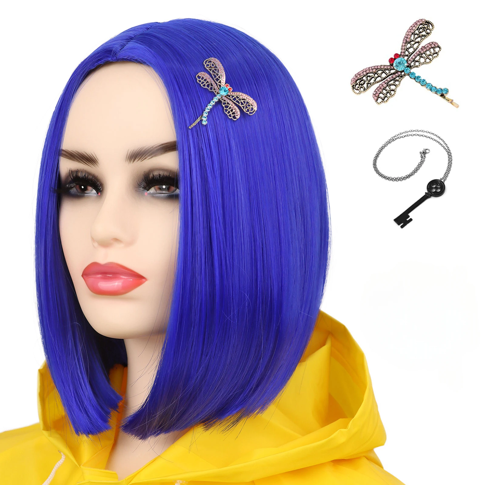 

Аниме Синий Боб Косплей Парик для Женщин Короткий Прямой Парик с Ключевым Ожерельем и Заколкой Для Волос Стрекозой Костюм Парик Хэллоуина