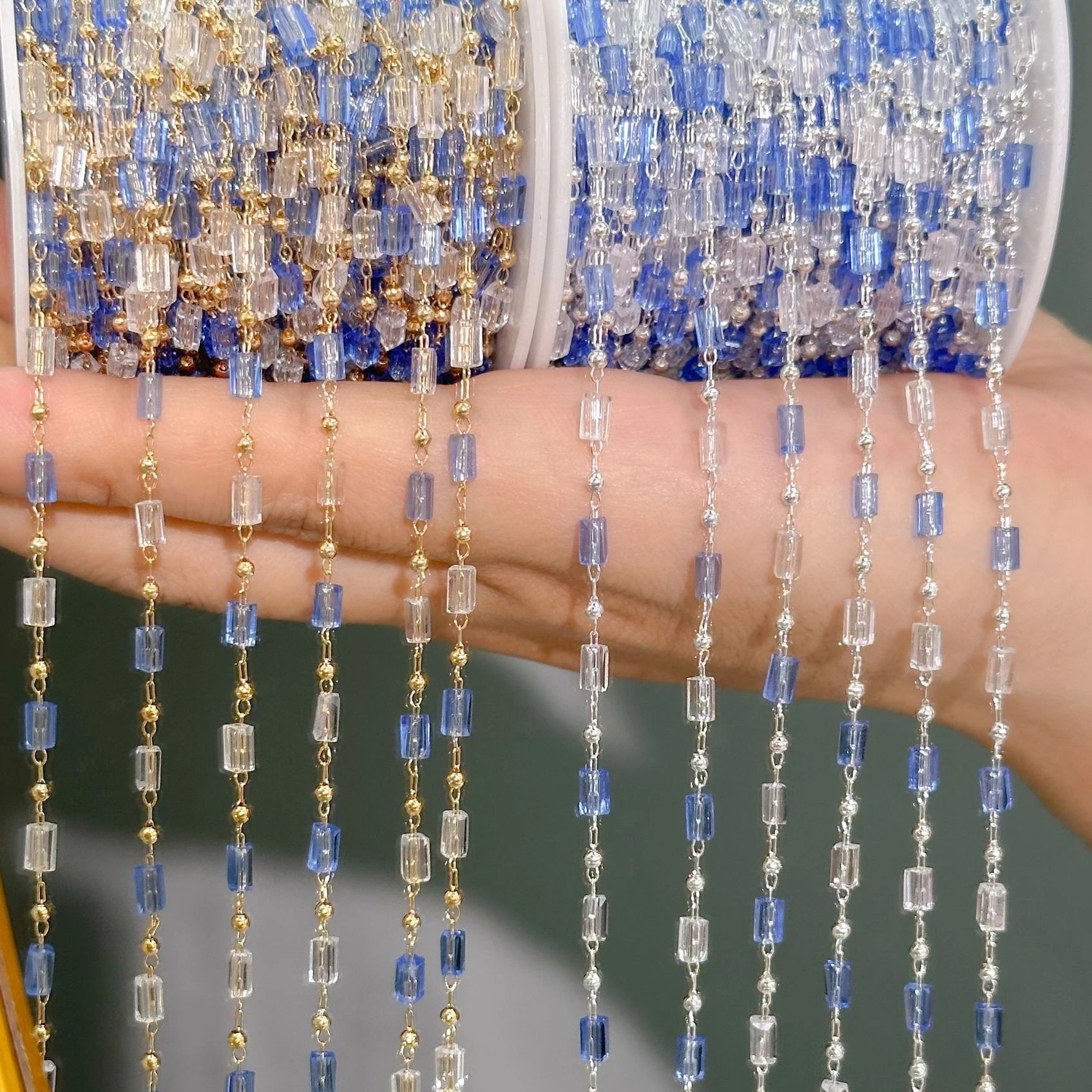 0,5 Meter/1 Meter Blaue Kristallrohr-Messingkette für Schmuckherstellung, Quastenketten in Großpackung für DIY-Halsketten, Armbänder, Choker und Stoffketten – Detail 1