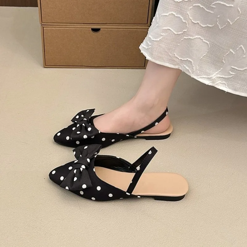 Women's Pointed Toe Slingback Flats Flat Heel Woven Look Upper Houndstooth Pattern Oversized Bow Decor Casual Everyday Shoes