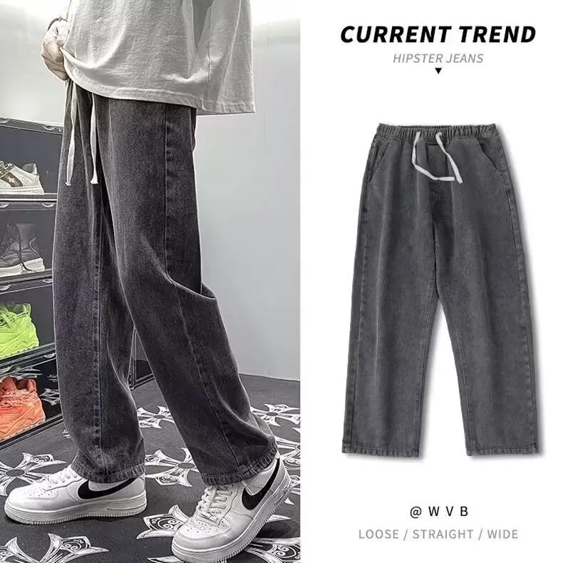 

ey Straight Leg Men's Jeans Elastic Waist American High Street Trendy Brand Summer Casual Long Trousers Youth Faion