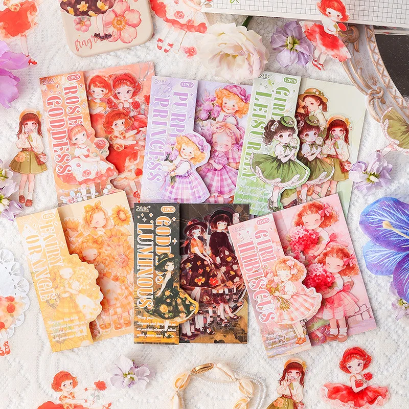 12-Sheet Cute Cartoon Young Girl Sticker Collection, Lovely Anime-Style Figures, Ideal for Scrapbooking & DIY Crafts