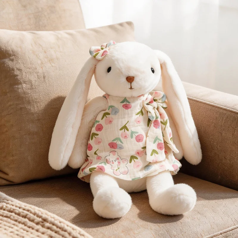 

New 35cm Cute Shy Bunny Plush Toy with Floral Check Dress Soft Stuffed Rabbit Kid Birthday Gift Sofa Bedroom Decor Hugging