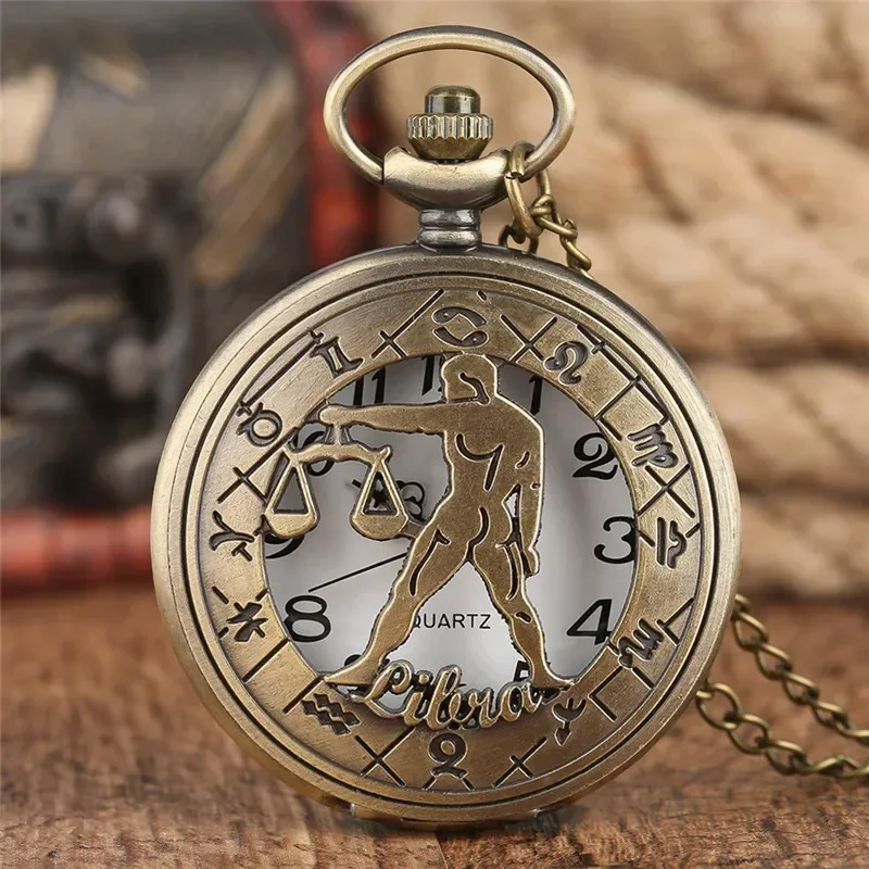 Vintage Hollow Out Twelve Constellation Men Women Analog Quartz Pocket Watch Chain Arabic Number Clock Birthday Gift Timepiece