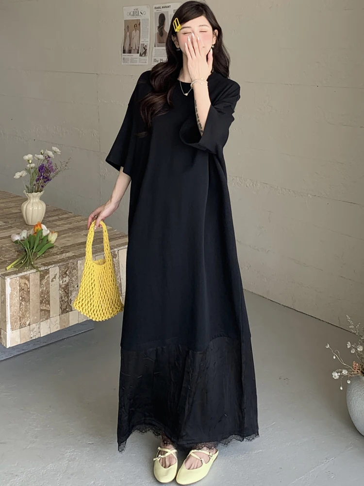 NYFS 2025 الكورية نمط المرأة الصيف فضفاض حجم كبير الدانتيل المرقعة قصيرة الأكمام إلكتروني طباعة فستان طويل رداء Elbise