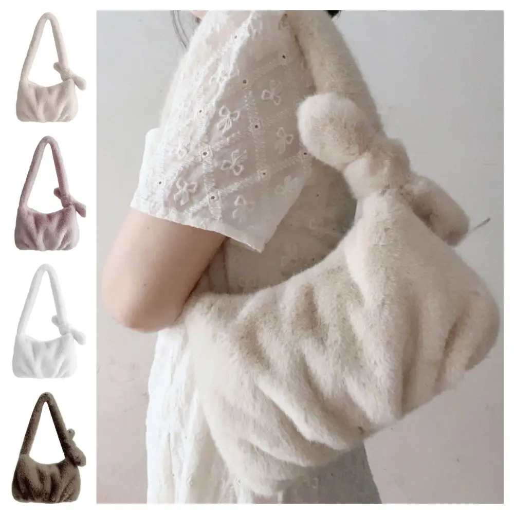 

Fashion Multicolor Plush Shoulder Bag Big Bowknot Faux Furry Soft Handbags Winter and Autumn Gift Tote Bags
