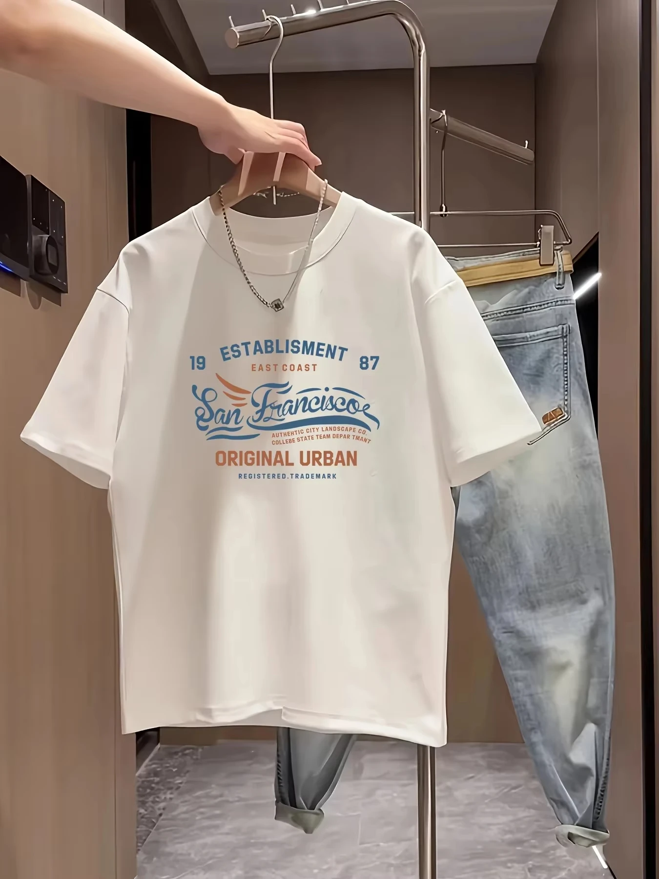 2026 Men's T-Shirt Original Urban ESTABLISHMENT 87 Retro Gradient Letter Print Casual Crew Neck Loose Streetwear Top