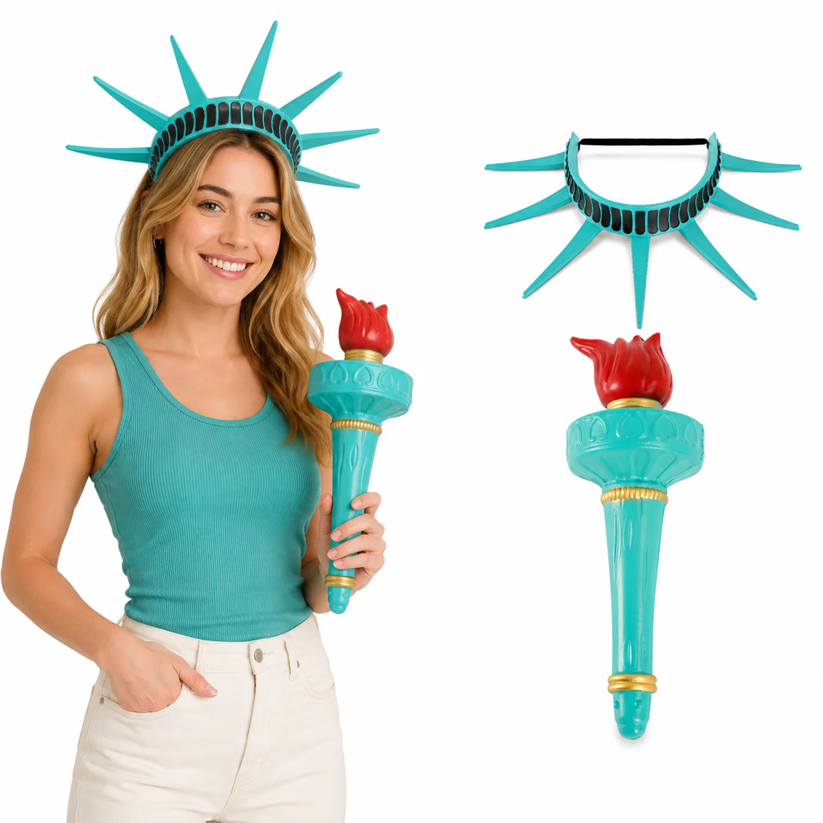 Statue Of Liberty Headpiece Cosplay Lady Liberty Crown Headband With Torch Set Halloween July Patriotic Party Costume Props Gift