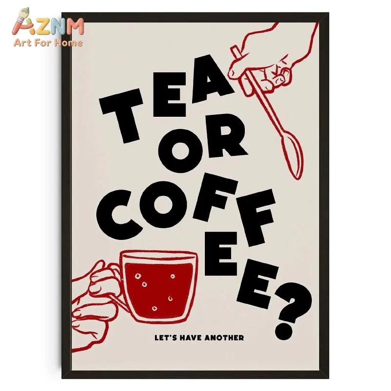 AZNM Cute Hand Drawn Coffee Canvas Print Matcha Espresso Moka Pot Croissant Colorful Striped Cup Fun Text Kitchen Wall Poster Un