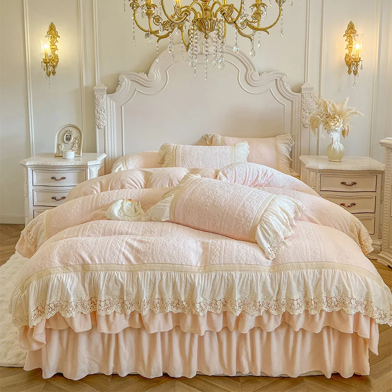 Romantic French Double Layer Lace Ruffles Carved Velvet Pink Bedding Set Plush Warm Duvet Cover Bed Skirt Pillowcases 4Pcs