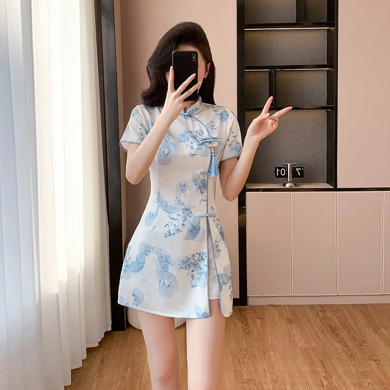 Women's Blue pink Jacquard Qipao Set 2025 Summer Modern Cheongsam Dress &  sexy Shorts Asian Style 2 Piece Vacation Suit party - AliExpress