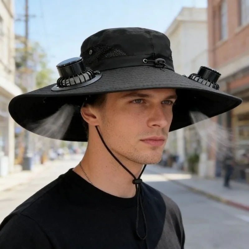 Solar Cooling Hat with 2 Fans Wide Brim Fisherman Bucket Hat Rechargeable Sun Protection Cap for Outdoor Summer Activities