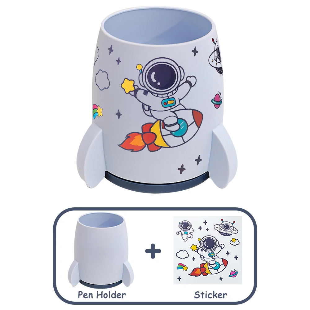 1pc Astronaut Rocket Pen Holder with Sticker Plastic Pencil Holder  Cute Cartoon Office Classroom Home Decor Gift