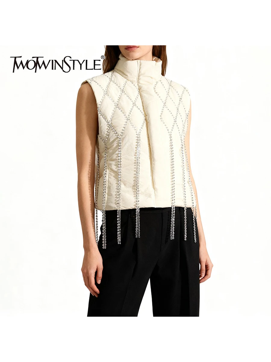 

TWOTWINSTYLE Slimming Spliced Bead Chains Fashion Vests for Women Stand Neck Sleeveless Patchwork Zipper Vest Female Autumn New