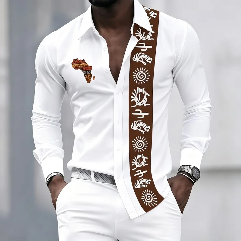 Men's long-sleeved shirt with flame and musical symbol print, suitable for commuting, parties, performances, and casual wear.