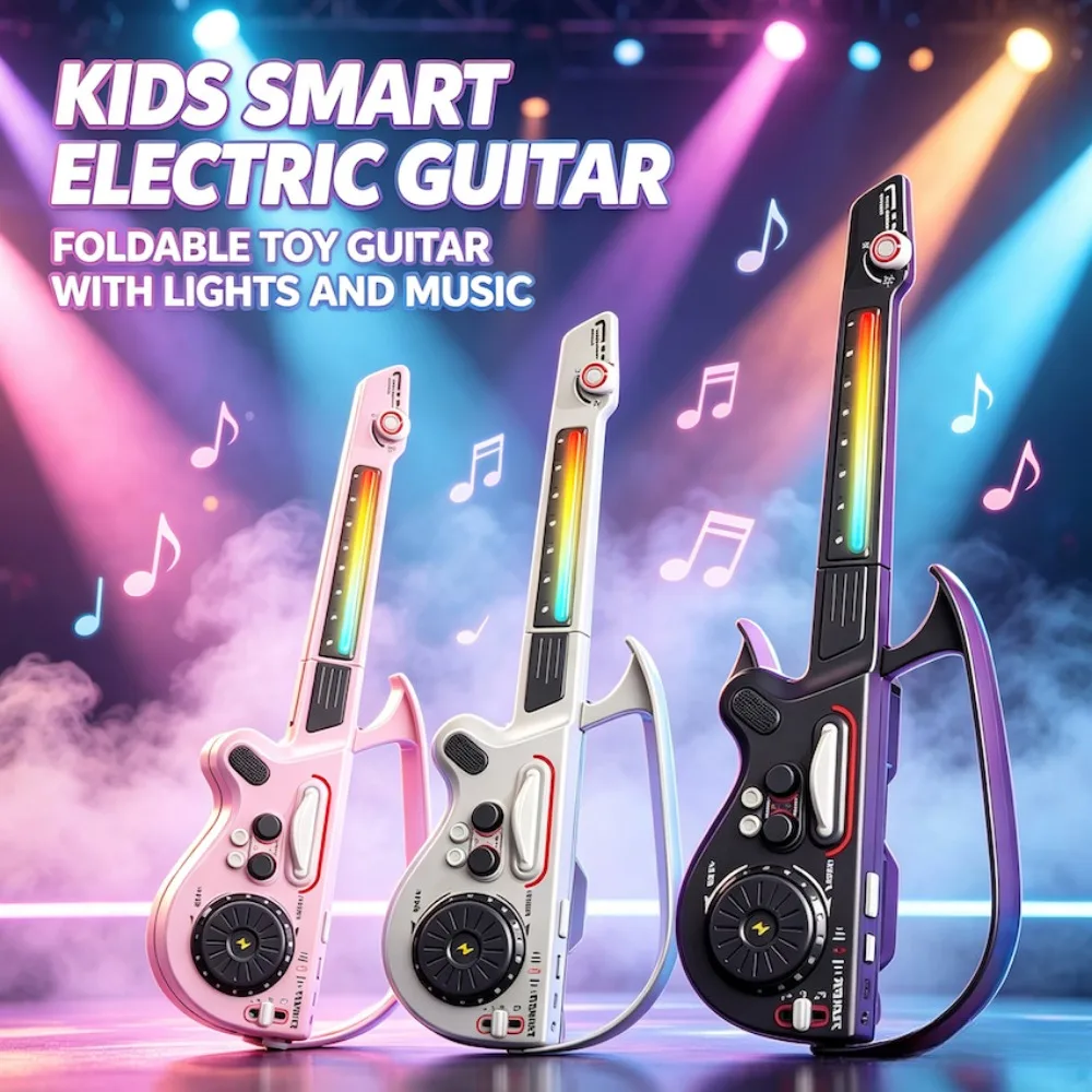 Portable Stringless Electric Guitar Toy Early Learning Musical Multifunctional DJ Guitar with LED Lights Foldable DJ Music Mixer