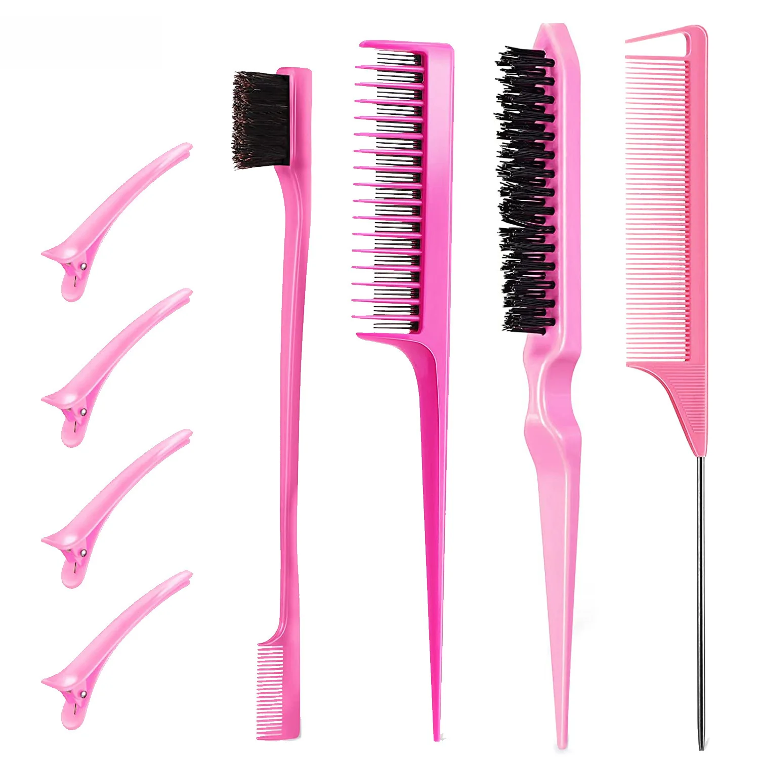 Cross border teasing brush set, edge brush with hair clip, beauty hairstyle comb, double ended eyebrow brush, makeup and hair b