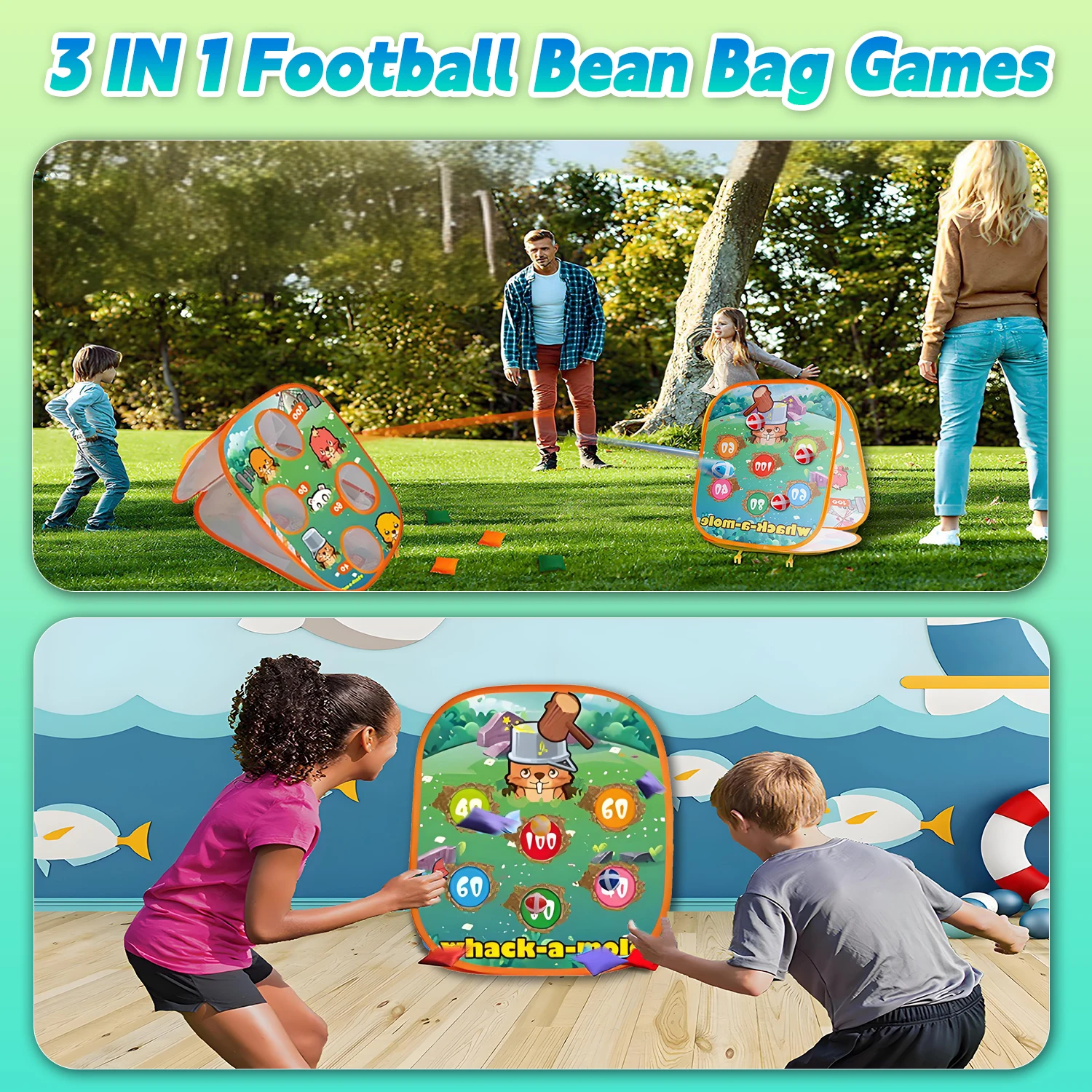 Gra 3 w 1: rzucanie workami, bramka do piłki nożnej, rzucanie dyskami, zabawa dla dzieci, idealna na spotkania rodzinne i do ogrodu.