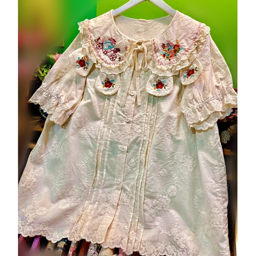 

Summer Cotton Sweet Kawaii Cute Ruffled Lace Lolita Vintage Shirt for Women Retro Chic Rococo Mori Girl Goblincore Harajuku Tops