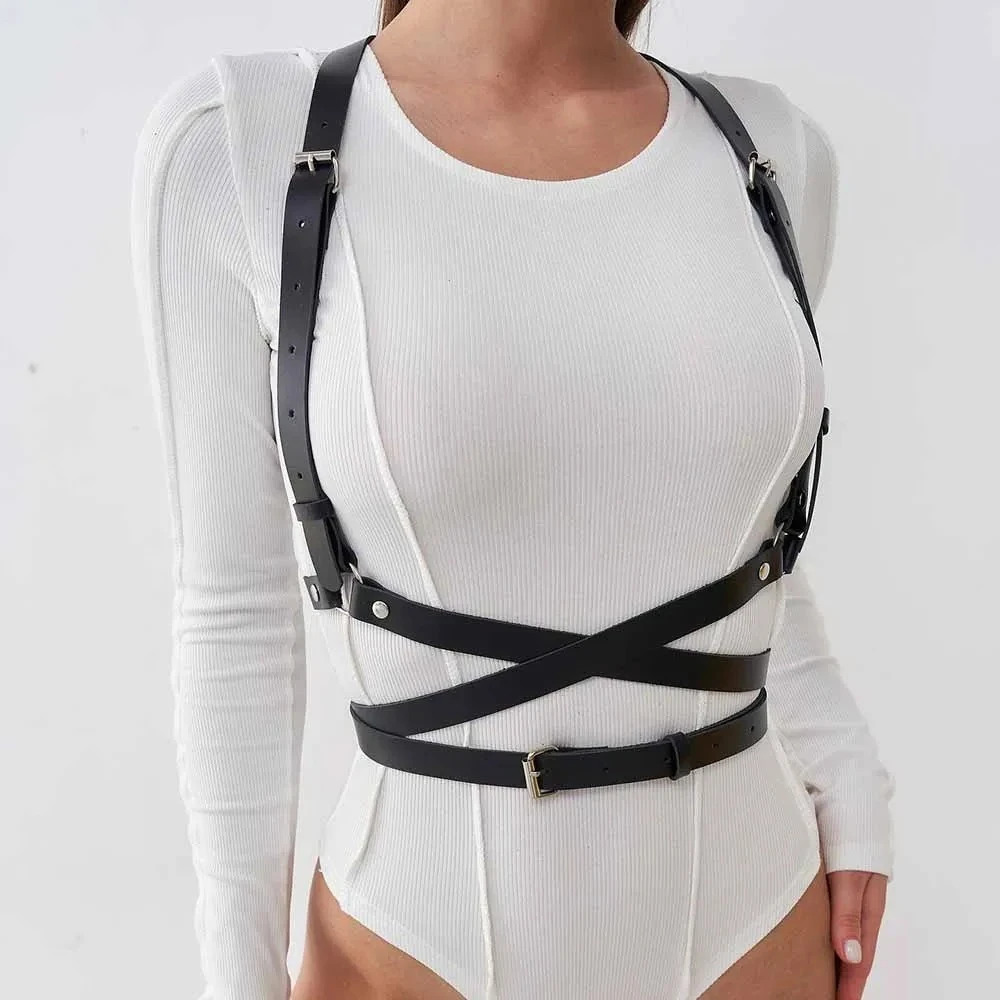 Women Gothic PU Leather Waist Belt Adjustable Straps Punk Body Harness Retro Fashion Decoration Daily Wear Accessory