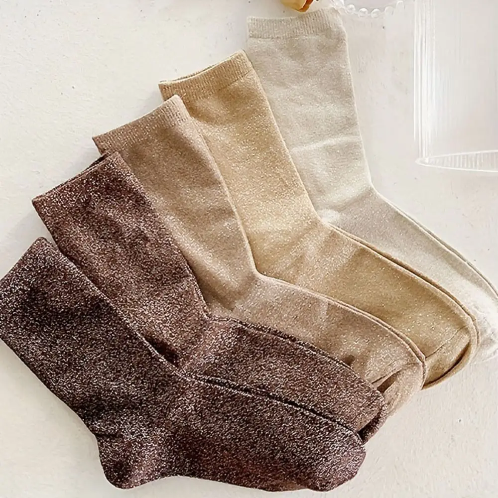 

5 Pairs Solid Color Gold and Silver Stockings Cotton Warm Gold Silver Silk Socks Breathable Soft Women's Sparkly Stockings