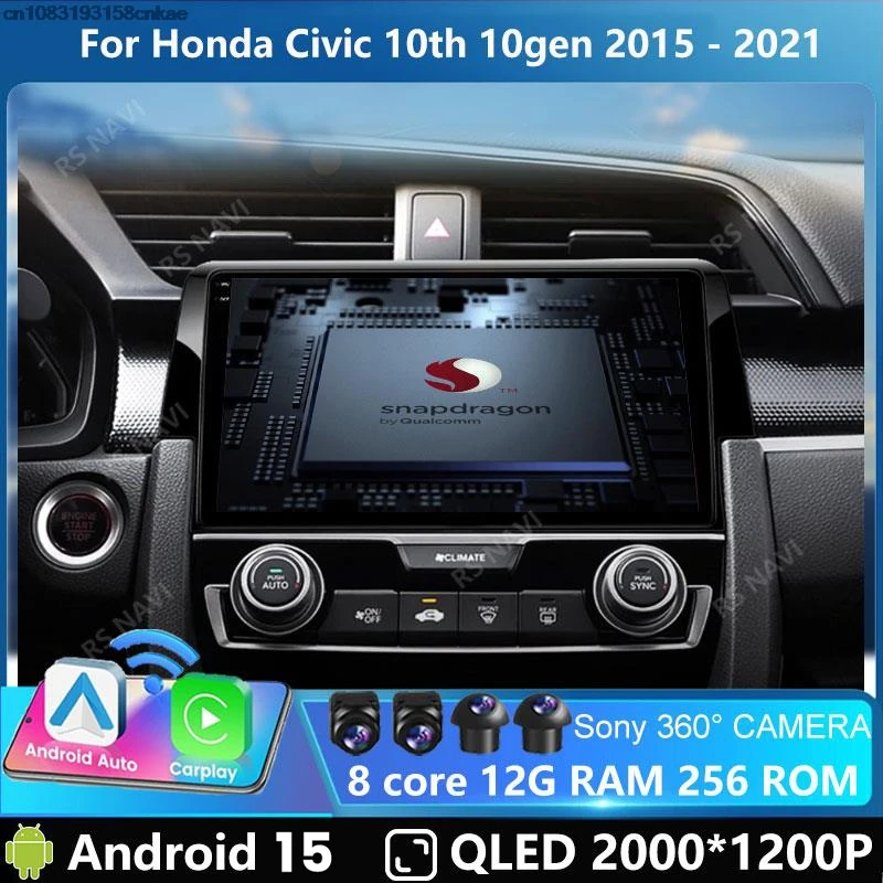 Android 15 For Honda Civic 10th 2016 2017 2018 2019-2021 Carplay Auto Car Radio Multimedia Video Player Navigation GPS 4G WIFI