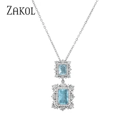 ZAKOL Fashion Light Blue Square Zirconia Pendant Necklaces for Women Exquisite Geometric CZ Necklace Bridal Wedding Jewelry