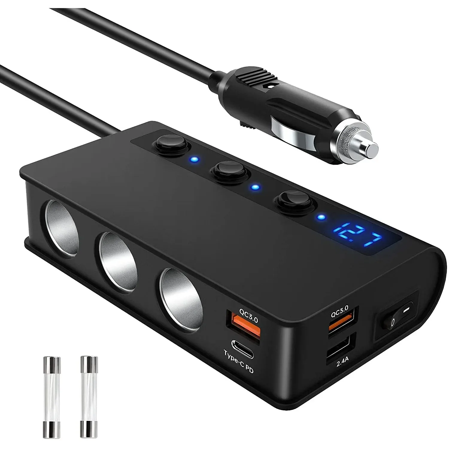 Multi Socket Car Cigarette Lighter Splitter 1 to 3 Way USB Plug Charger DC 12V/24V Triple Adapter with Type-C Port PD18W