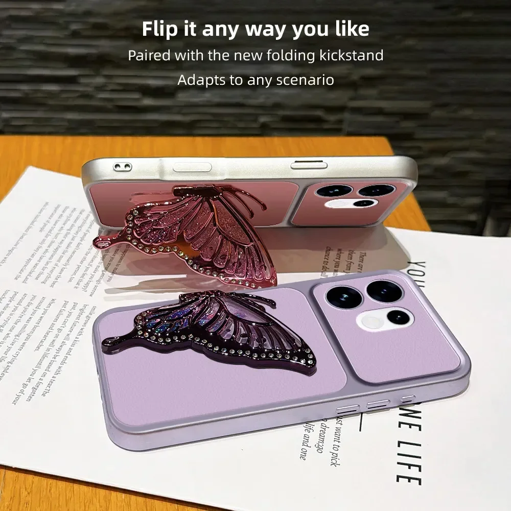 Skinlee Case For OPPO Reno 13F 14 Butterfly bracket artificial leather silicone shell For OPPO Reno 15C Pro Max 16 Phone Cover