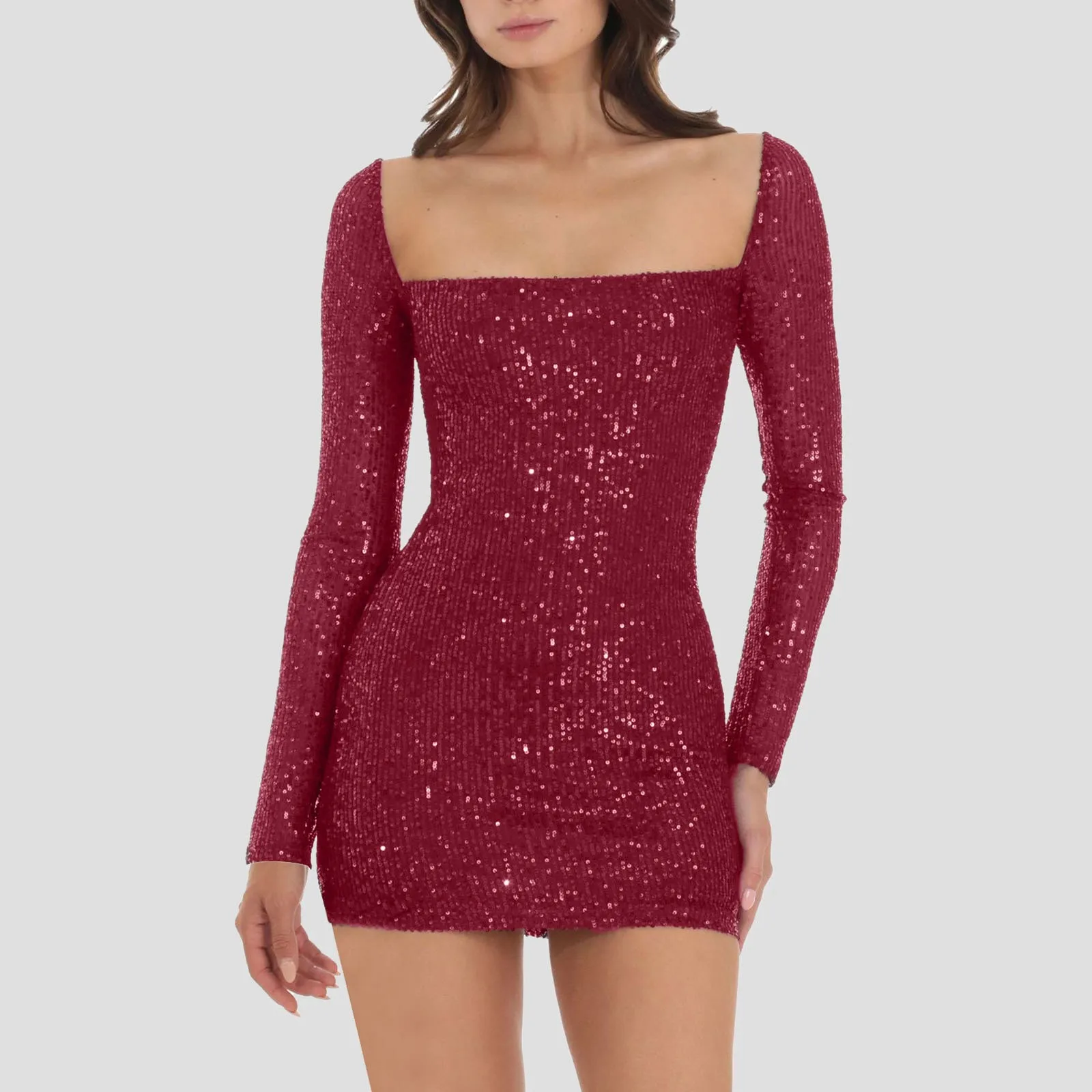 Women Sexy Mini Dress Square Neck Long Sleeve Sparkly Sequin Bodycon Backless Tie Up Short Dress Wedding Guest Dresses For Wome