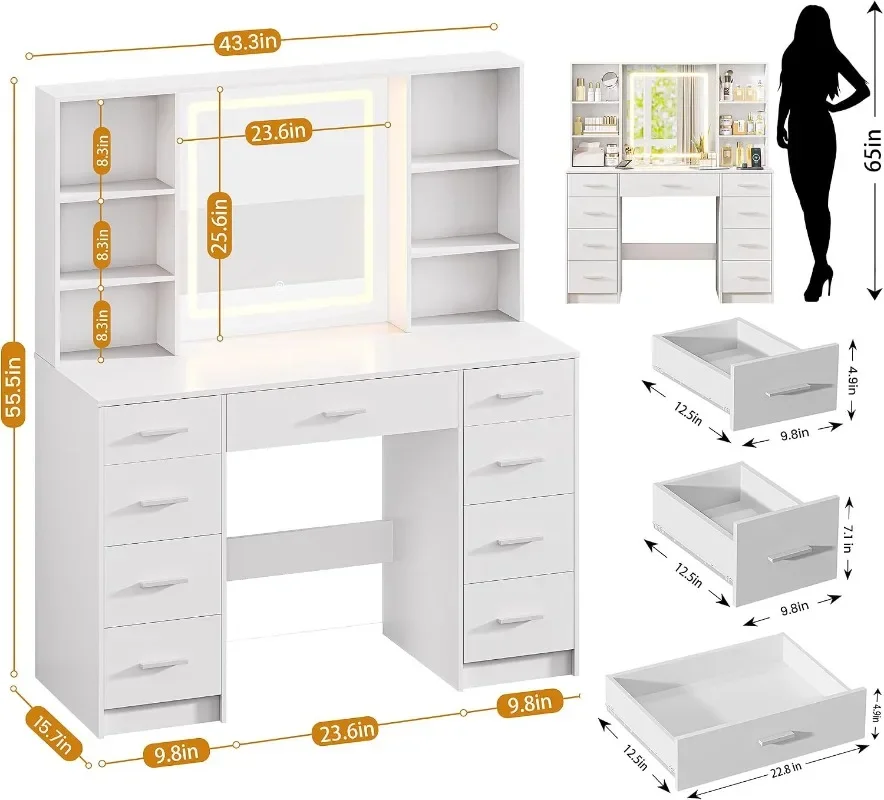 Vanity Desk with Mirror and Lights, Makeup Vanity Desk Make up Vanity, Dressing Table with Touch Screen Mirror & Power Outlet