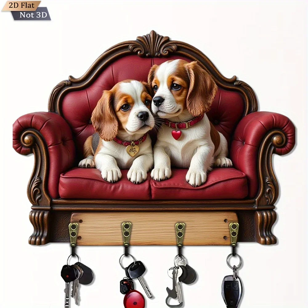 2D Flat Design, 1pc, Double Dog-Shaped Key Hook, Wooden Multi-Functional Home Key Holder, with Four Metal Hooks, Suitable for