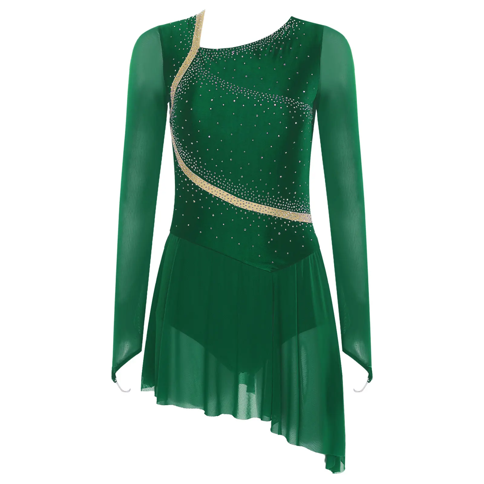 

Contemporary Lyrical Dance Dress for Womens Figure Skating Gymnastics Performance Costume Sparkly Rhinestones Asymmetrical Dress