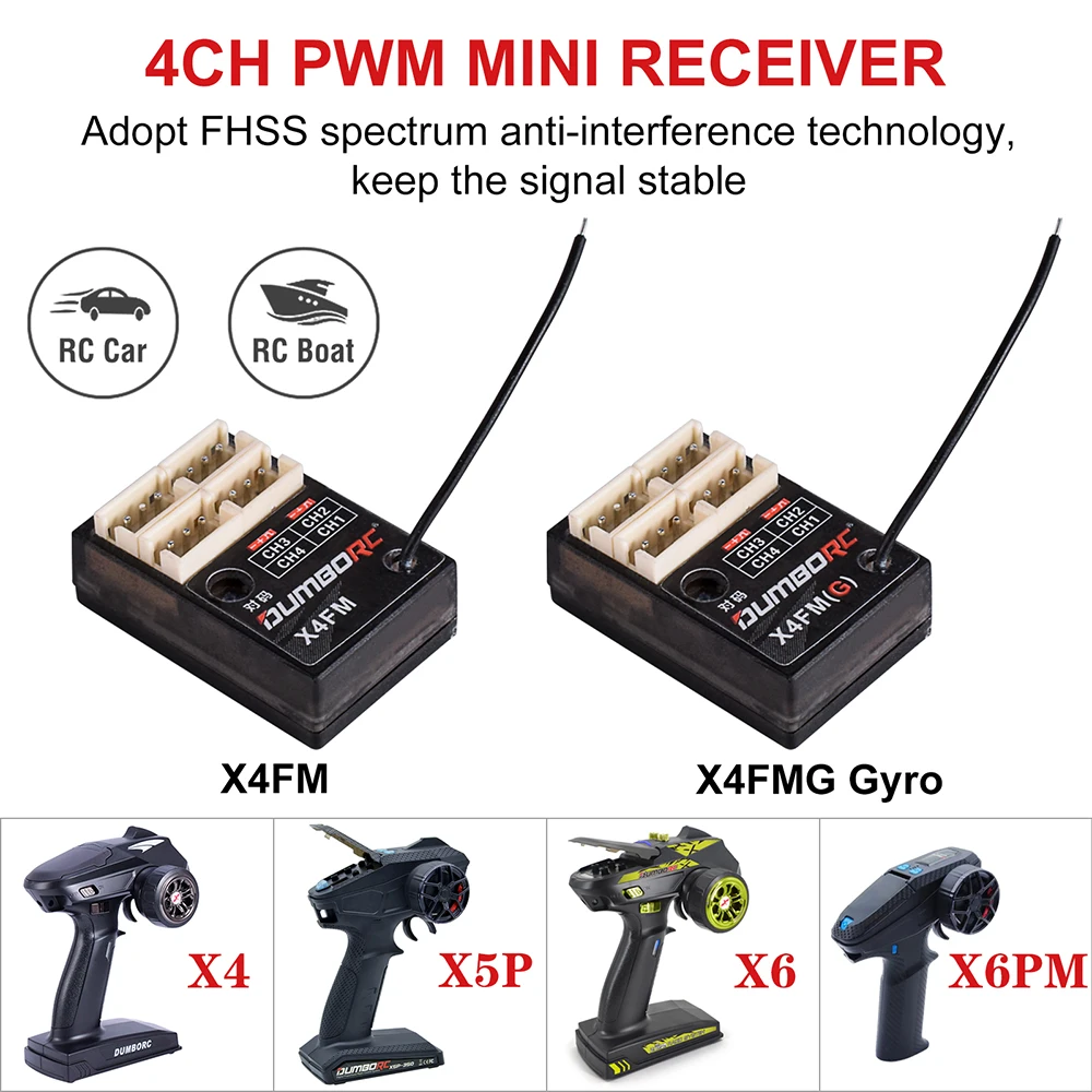 DumboRC Receiver X4FM / X4FMG Gyro 4CH PWM Mini Receiver for DumboRC X6 X6PM X5P X4 RC Transmitter Mini DIY RC Drifting Car Boat