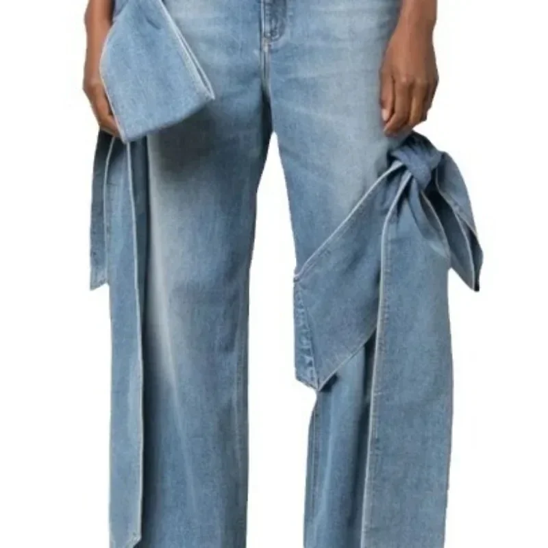 Celana Jeans Lurus Pinggang Tinggi Tali Sambungan Rasa Desain Baru Musim Semi 2024 Celana Panjang Kasual Wanita Retro Street Washed