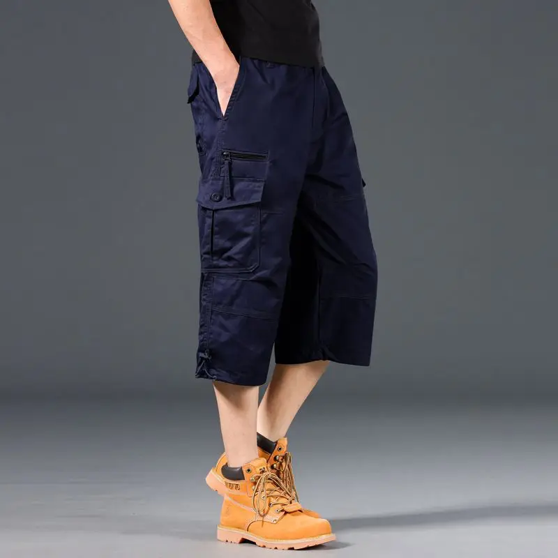 ผ้าฝ้าย 100% ฤดูร้อนกลางแจ้ง Multi-Pocket Work กางเกงขาสั้นผู้ชาย PLUS ขนาด Casual Cropped กางเกงผ้าฝ้ายกีฬากางเกงขาสั้นบาง