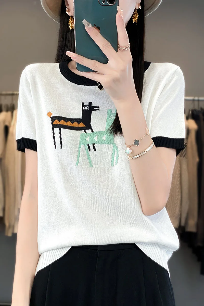 Summer New Ice Silk Short sleeved T-shirt Women\'s Fashionable Round Neck Jacquard Pony Contrast Knitted Shirt Top Thin