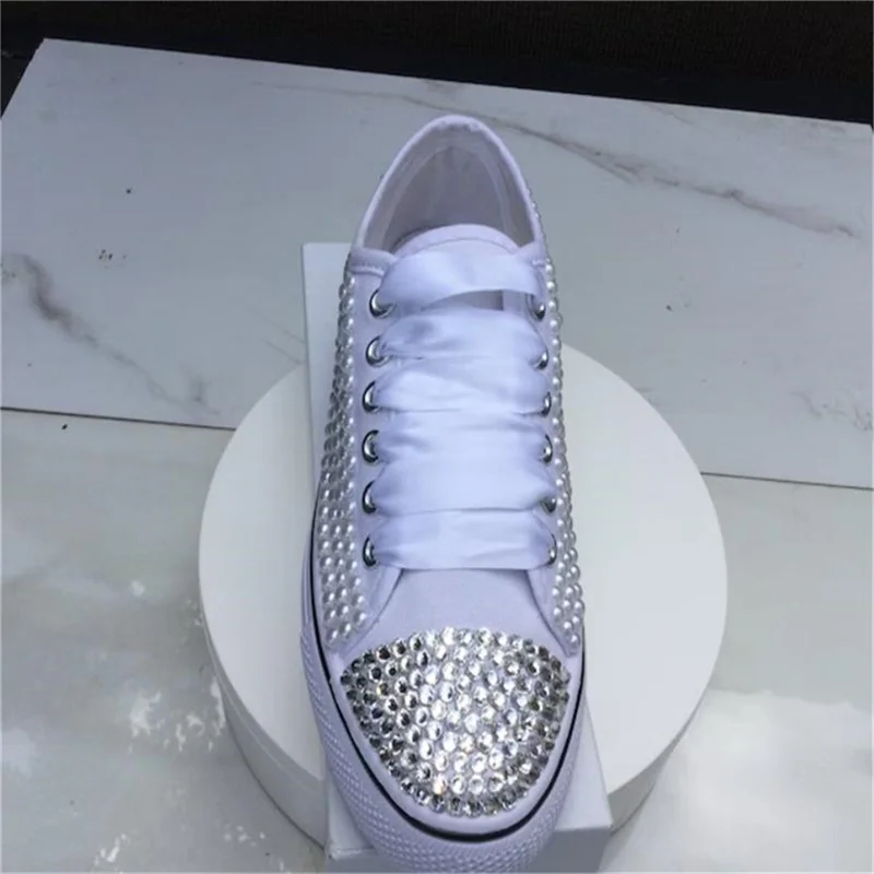 Personality design sense comprehensive rhinestone pearl fashion all matching shoes Canvas shoes Heavy industry comfortable banqu