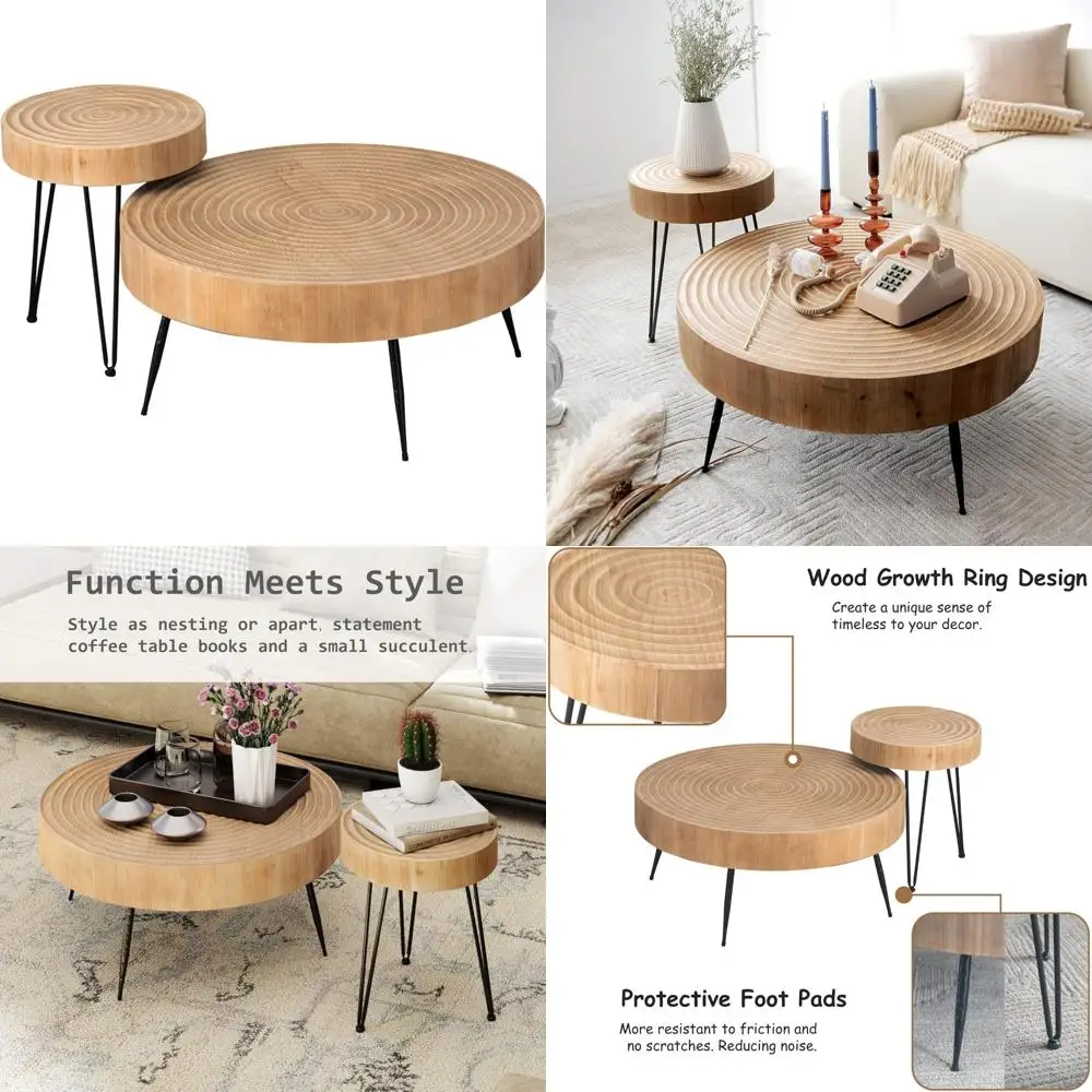 

Набор круглых журнальных столиков для современной гостиной в фермерском доме, дерево ручной работы с натуральной отделкой и кольцевым узором