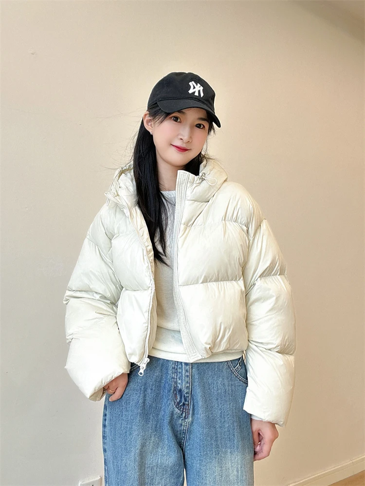 เสื้อแจ็คเก็ตพาร์กาแบบหนาบุใยสังเคราะห์ มีฮู้ด สีขาว สำหรับผู้หญิง ใส่กันหนาว มีซิป