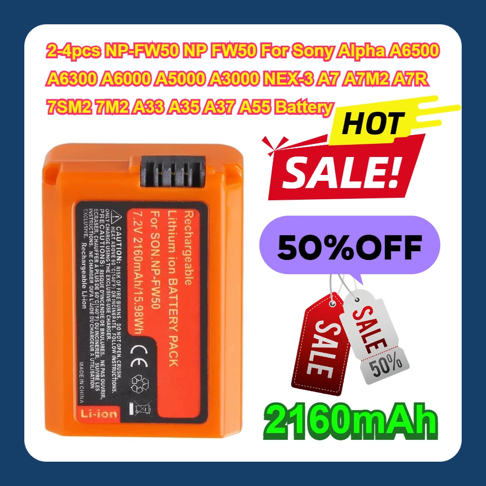 2160mAh 2-4pcs  NP-FW50 NP FW50 For Sony Alpha A6500 A6300 A6000 A5000 A3000 NEX-3 A7 A7M2 A7R 7SM2 7M2 A33 A35 A37 A55 Battery