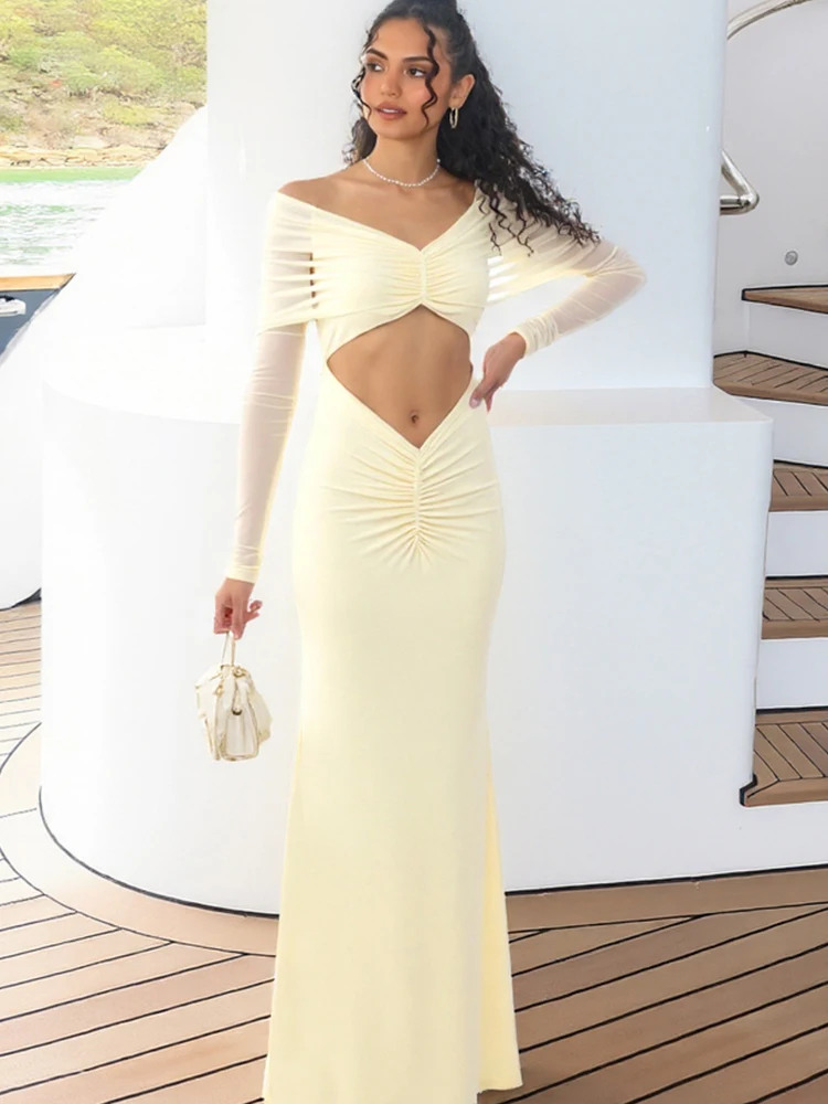 Cutenew maille Patchwork femmes Maxi robes Sexy chaud voir à travers manches longues Slash cou découpé robe Mujer vacances nouveaux robes