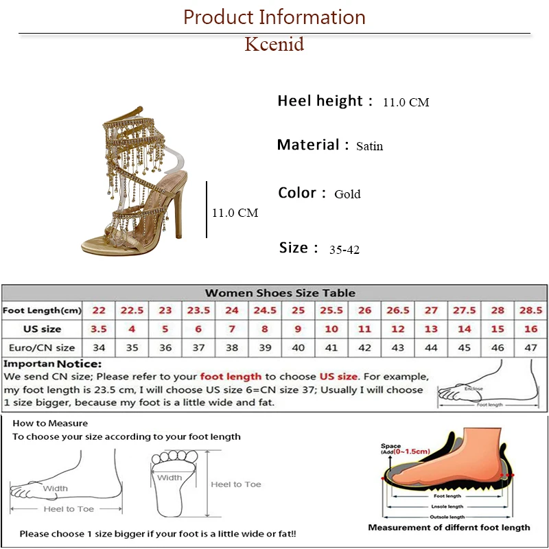 Kcenid Elegant Women Wedding Banquet Shoes Fashion Crystal Tassel Twining Stiletto Sandals Sexy Open Toe Stripper Heels Golden