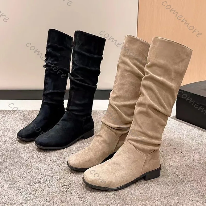 New Women\'s Boots Low-heeled Nude Pleated Suede High Boots Khaki Black Long Boots Large-size Round-toe Fashionable Boots Ladies
