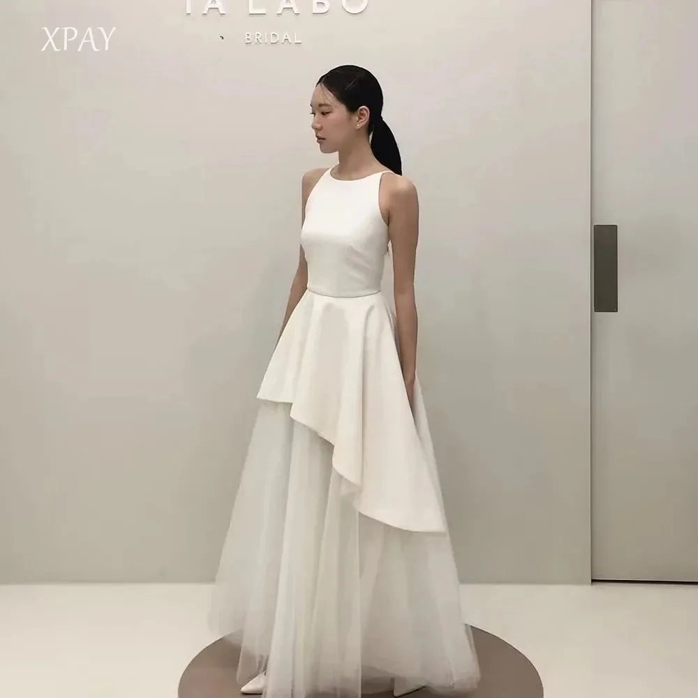 

XPAY Простые корейские свадебные платья трапециевидной формы с круглым вырезом без рукавов Элегантные свадебные платья Корсеты по индивидуальному заказу Вечернее платье из атласа и тюля