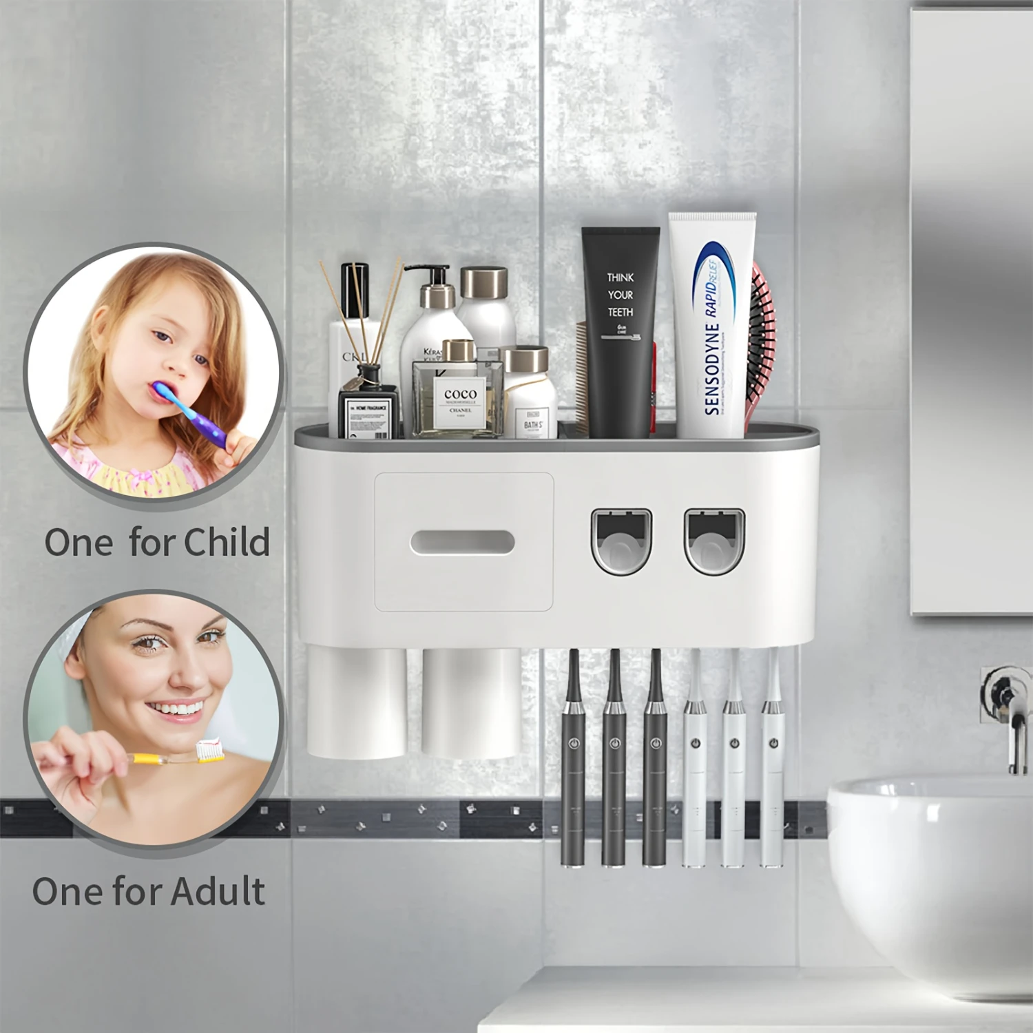 

Bathroom Organizer Set with Automatic Toothpaste Dispenser, Wall-Mounted Toothbrush Holder, 6 Slots, 2 Cups, Cosmetic Drawer & T