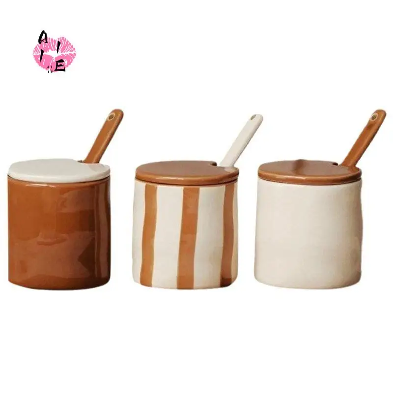 

A11E-Vintage Stripe Seasoning Jar With Spoon Meter Kitchen Supplies Exquisite Storage Box Chili Spice Food 3Pcs