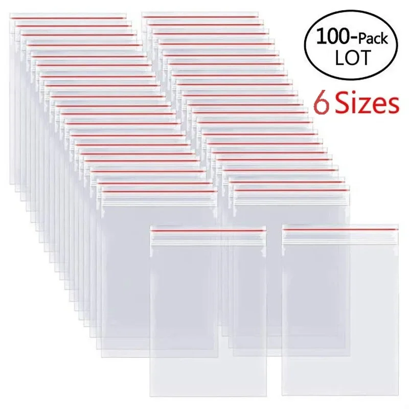 100/Pcs Pack Resealable Plastic Selaing Bags Clear Poly Reusable Bag Food Storage Reclosable Vacuum Fresh Organize Packaging Bag