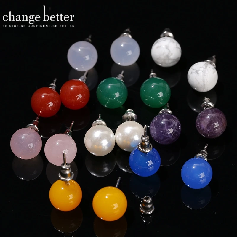 Natural Stone Agate Quartz Lapis Lazuli Tiger Eye Round Bead Stud Earrings Women Fashion Simple Stainless Steel Crystal Ear Stud