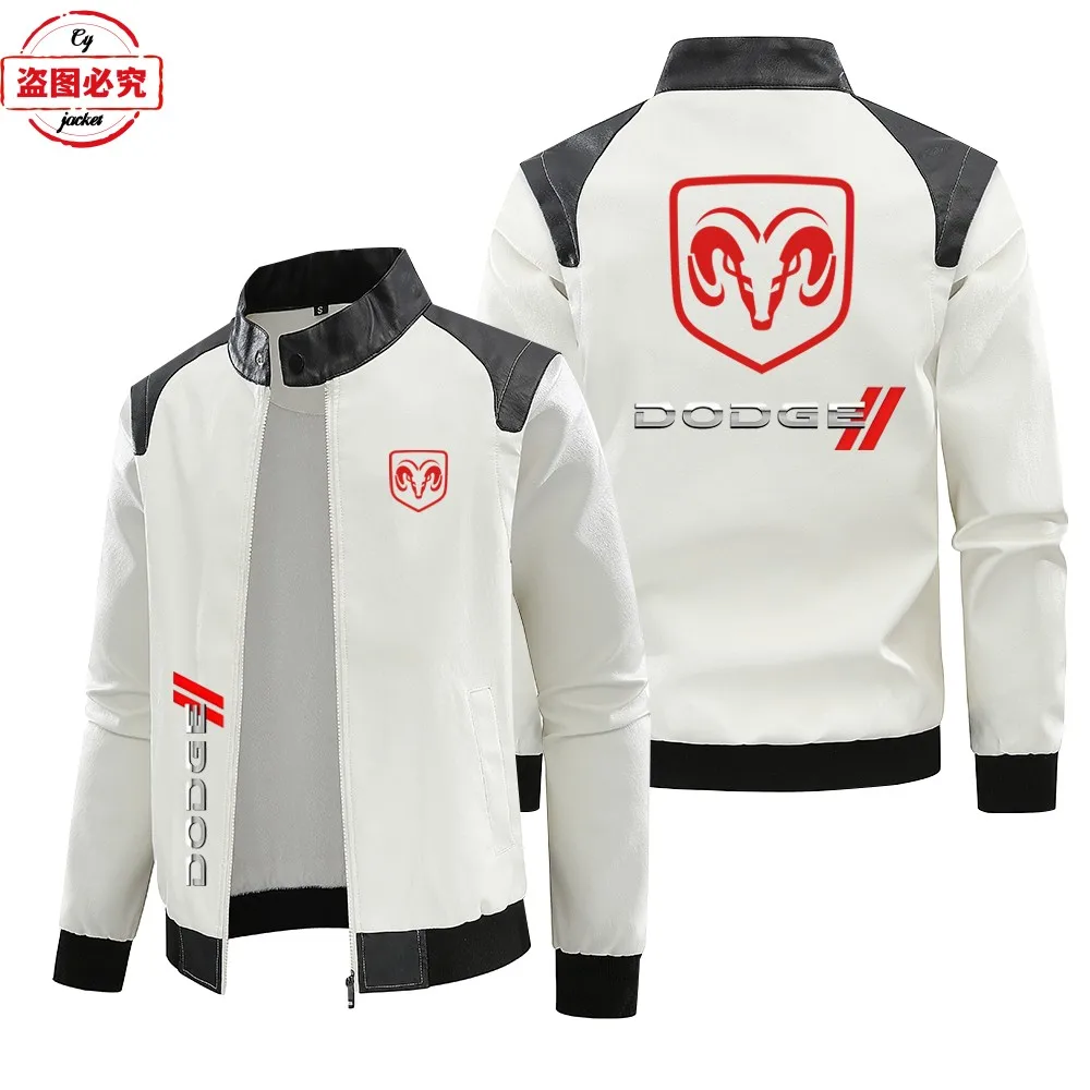 Dodge car logo retro washed pu contrasting color leather jacket windproof autumn and winter men's jacket racing suit